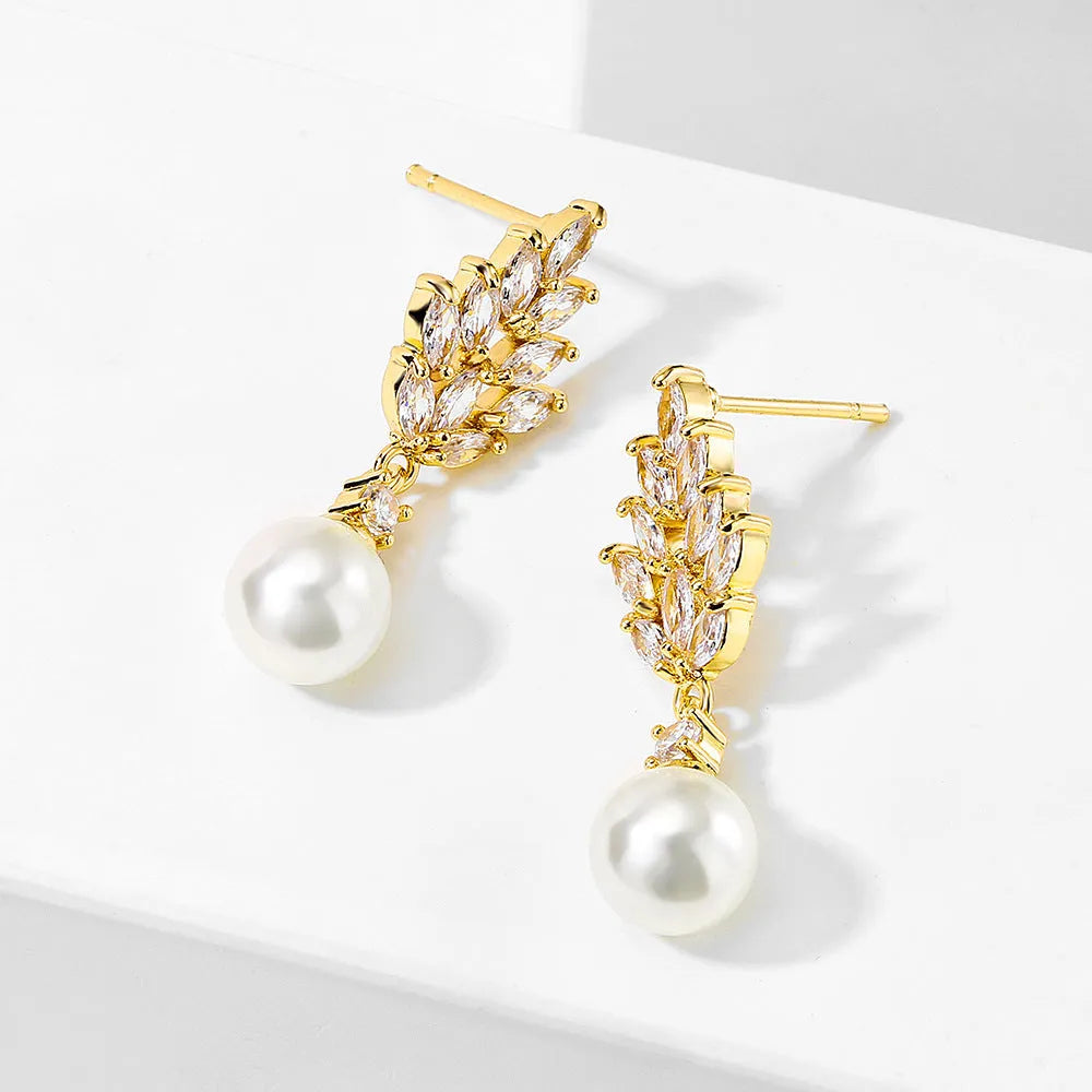 Geometric floral design earrings with micro inlaid zircon, available in white gold, rose gold, and platinum plating.