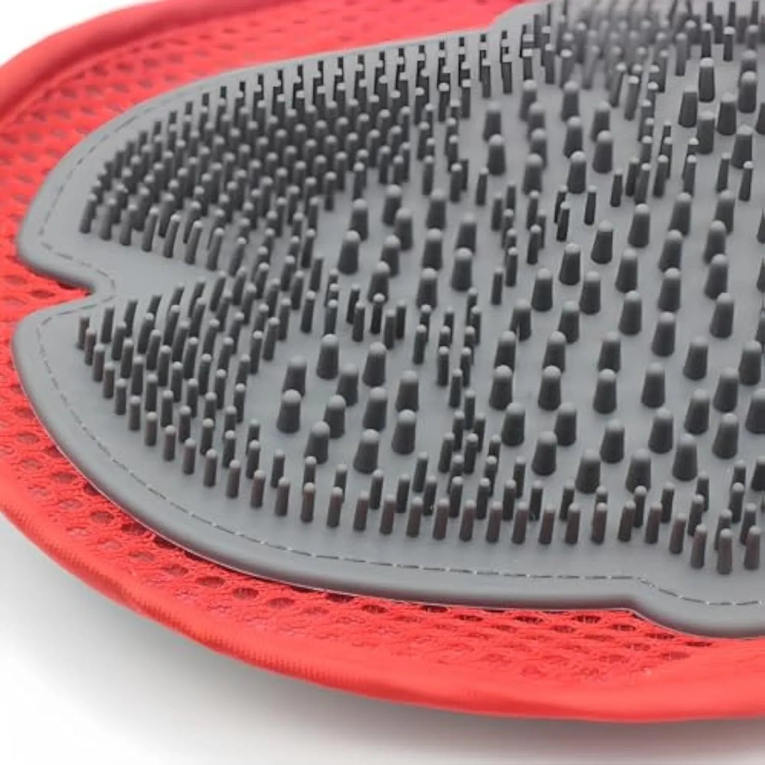 Red waterproof pet bathing glove with integrated brush bristles for grooming and cleaning dogs and cats.
