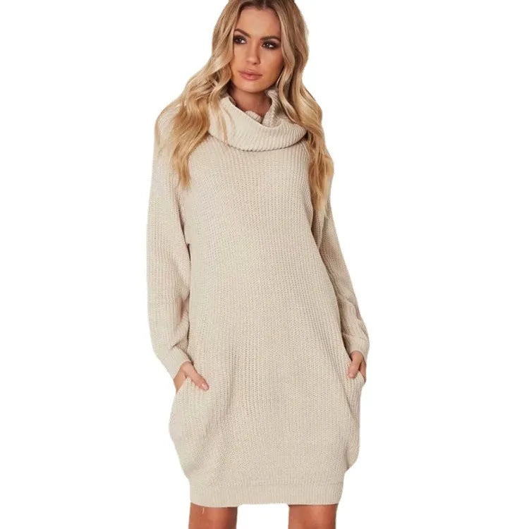 Women's lapel collar pullover sweater with side pockets in loose slimming mid-length fit