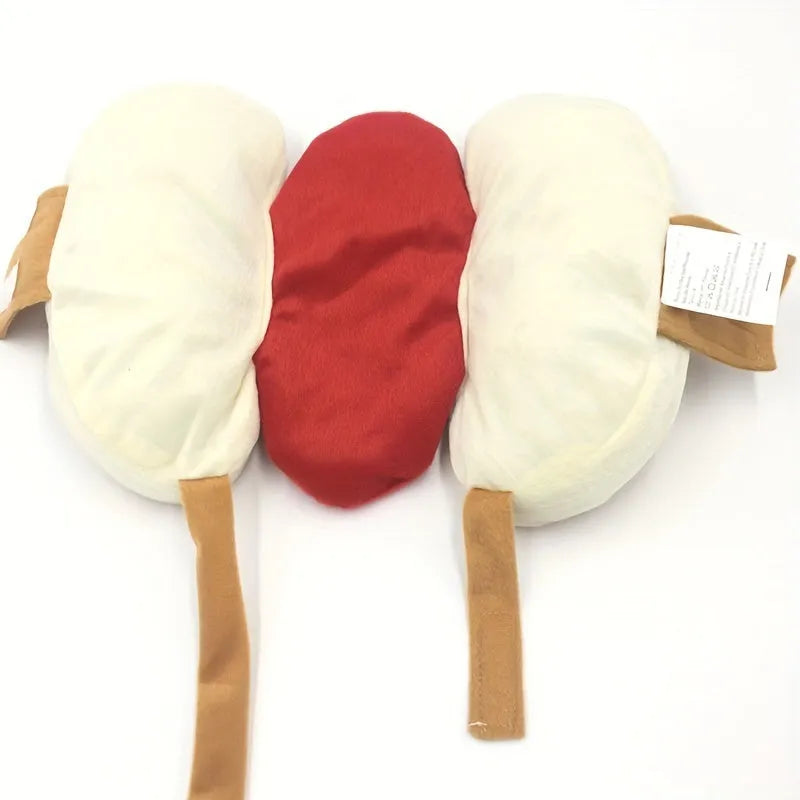 Small dog wearing red hot dog costume with adjustable belly strap