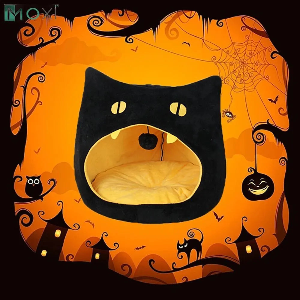 Cat-shaped covered pet bed with plush material and anti-slip bottom in two size options