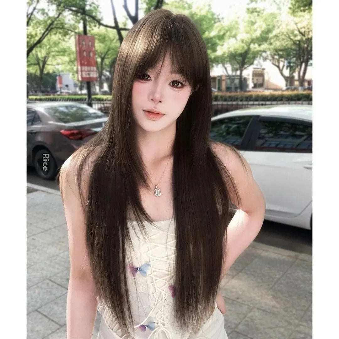 Brown black ladies wig with black tea simulation effect and high-temperature fibre hair material