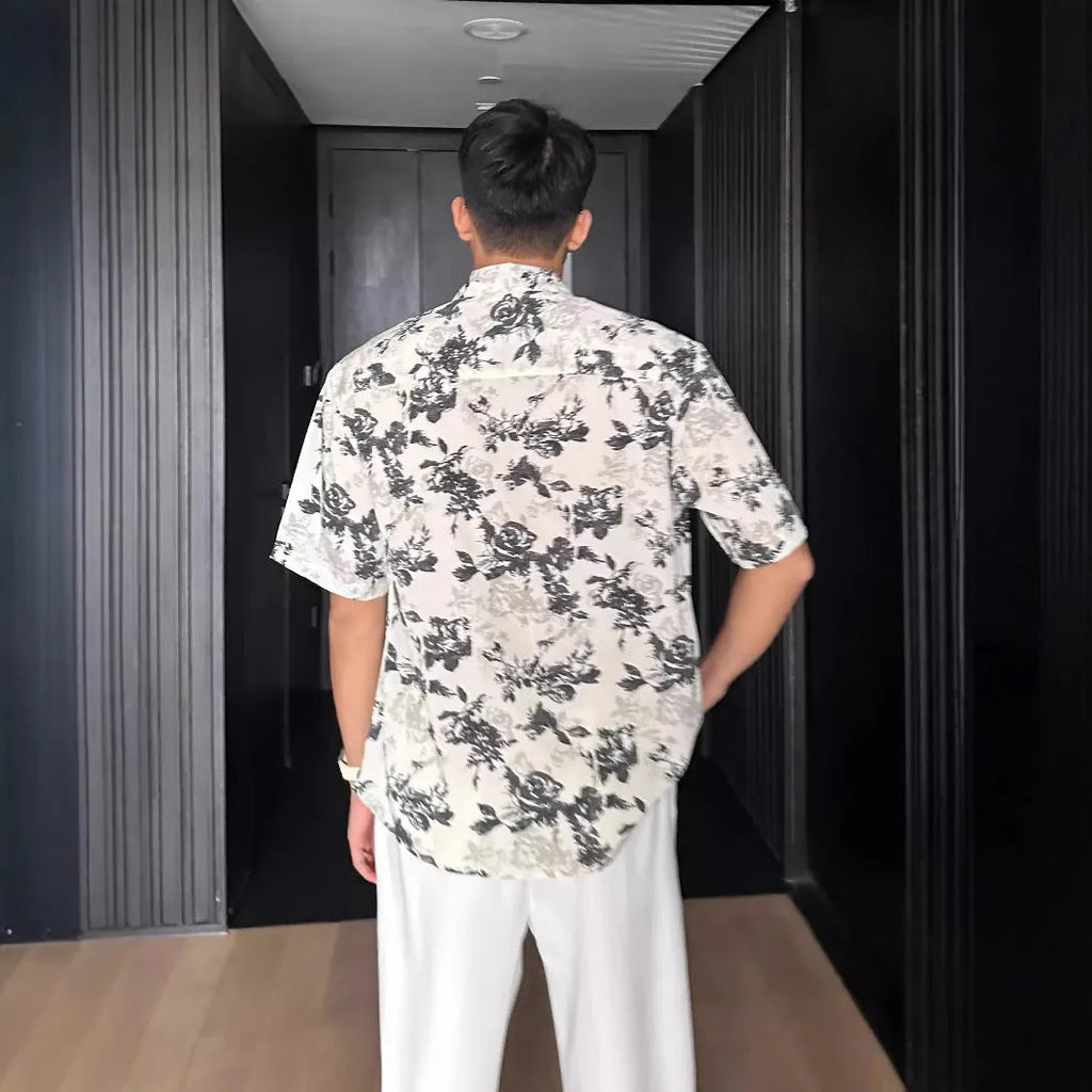 Printed floral pattern short sleeve shirt in loose cardigan style