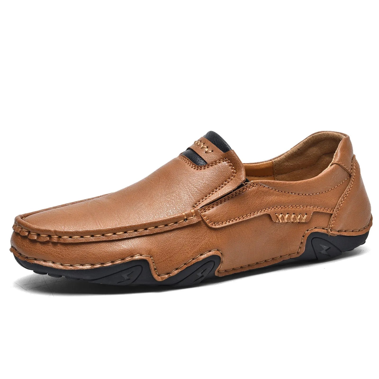 Men's leather slip-on casual shoes with round toe and flat rubber sole in four colour options