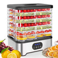 Silver or red household food dehydrator with 8 drying trays, collapsed for storage at 29cm height
