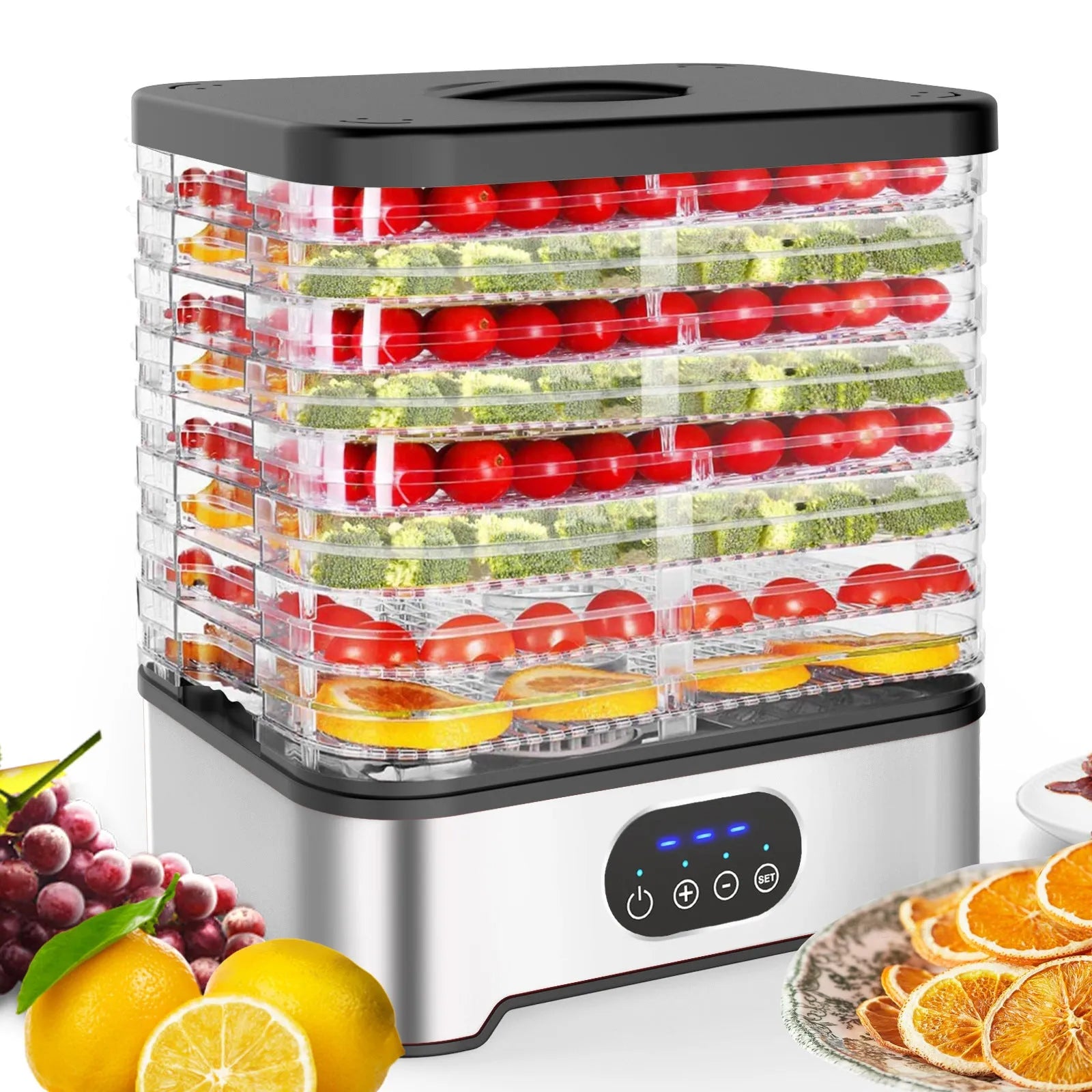 Silver or red household food dehydrator with 8 drying trays, collapsed for storage at 29cm height