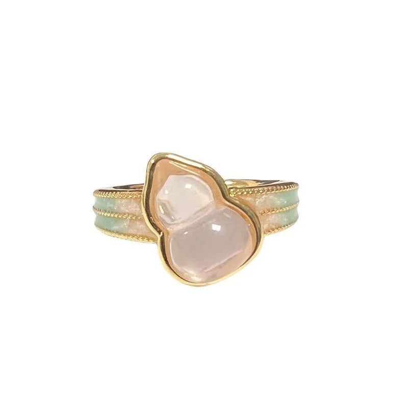 Adjustable copper gourd ring with inlaid zircon stones in New Chinese style featuring floral and bow designs