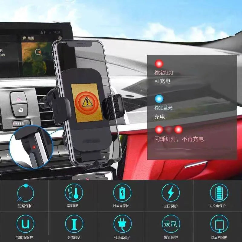 Black car wireless charging stand with 15W fast charging on dashboard