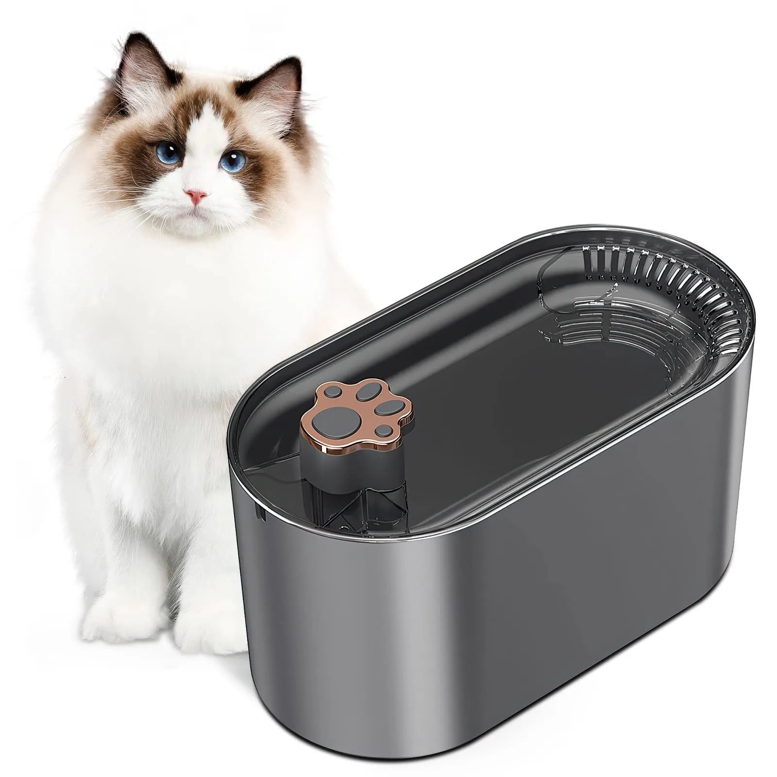 Blue automatic pet water fountain with 3-litre capacity, filtration system, and LED indicator light