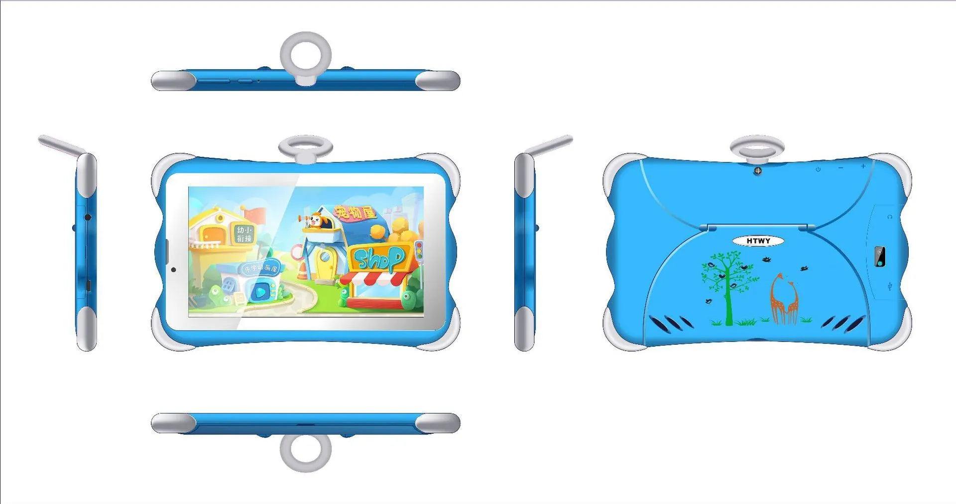 7-inch children's learning tablet in cartoon colours showing screen, stand, and 3G call function