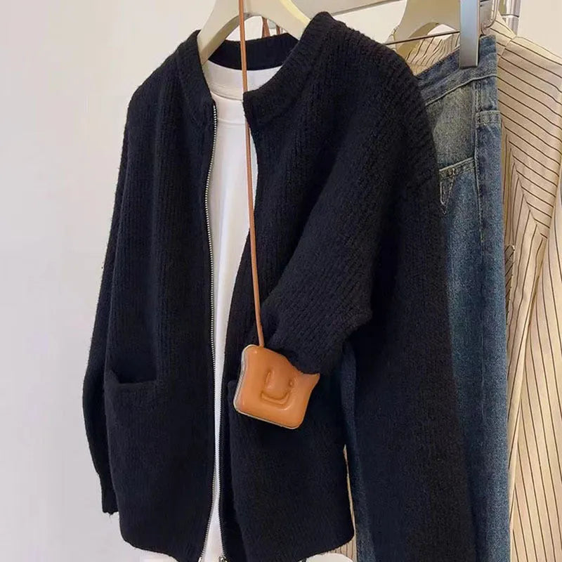 Women's beige soft wind sweater coat cardigan with long sleeves on hanger