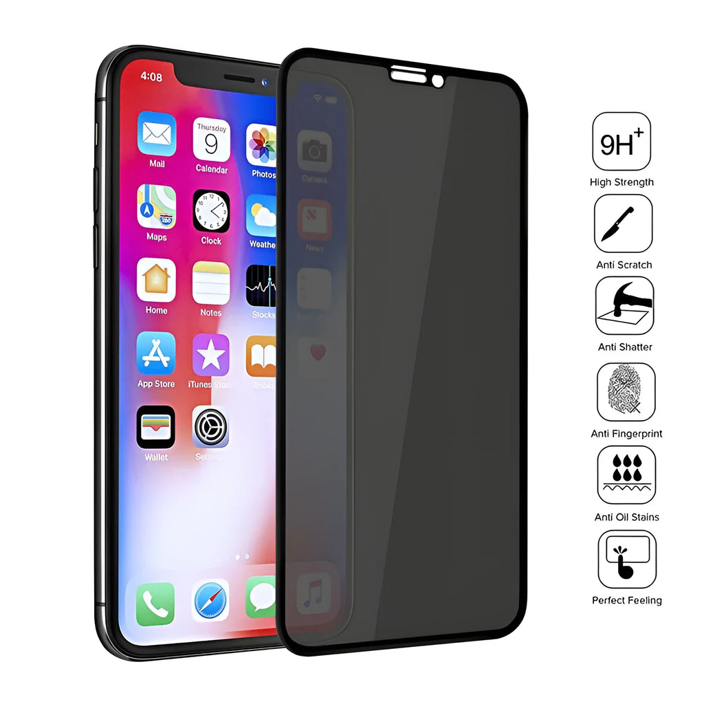 Black anti-peeping tempered glass screen protector for iPhone on a white background.