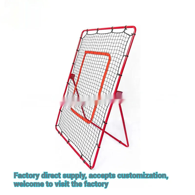 Red portable ball training net with metal frame set up for practice