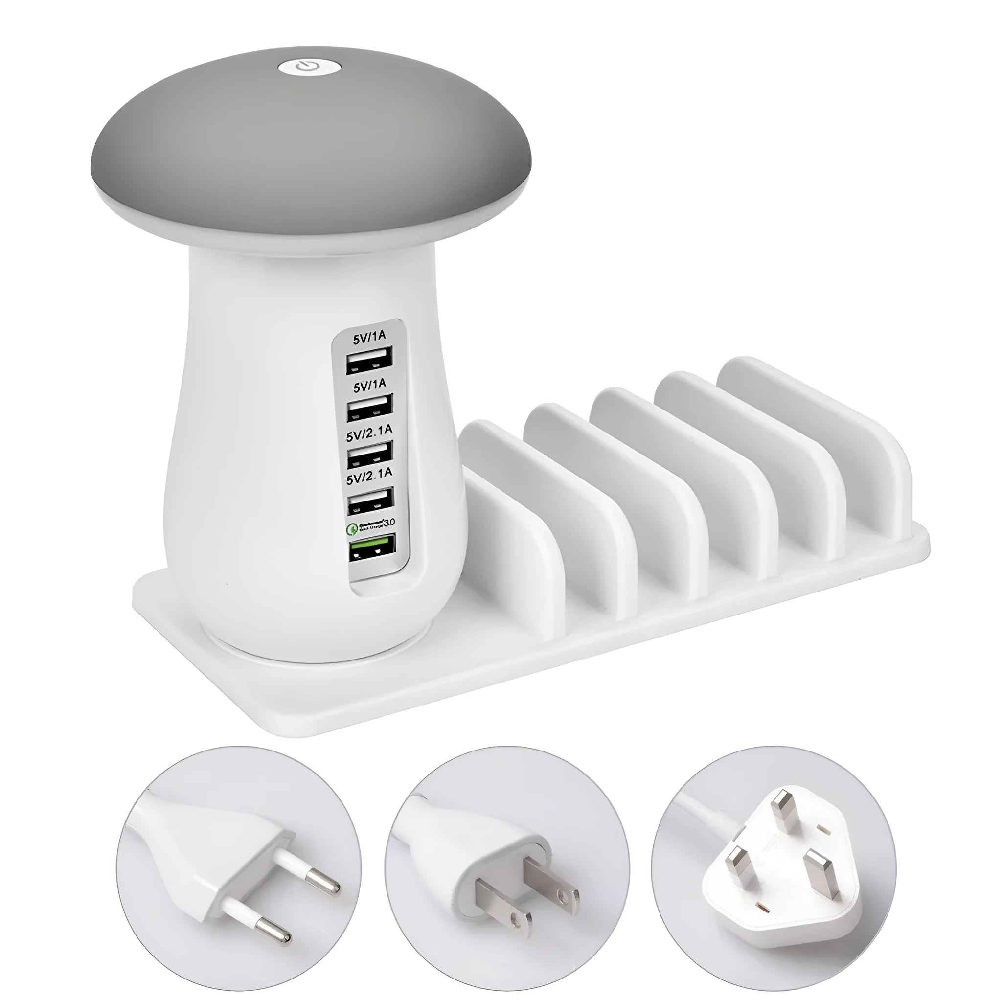 White mushroom-shaped USB charging dock station with five ports and integrated LED night light on a desk.