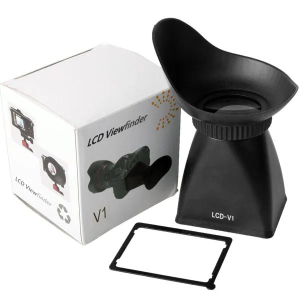Black camera framing amplifier LCD viewfinder attached to DSLR camera with 2.8x magnification for outdoor shooting