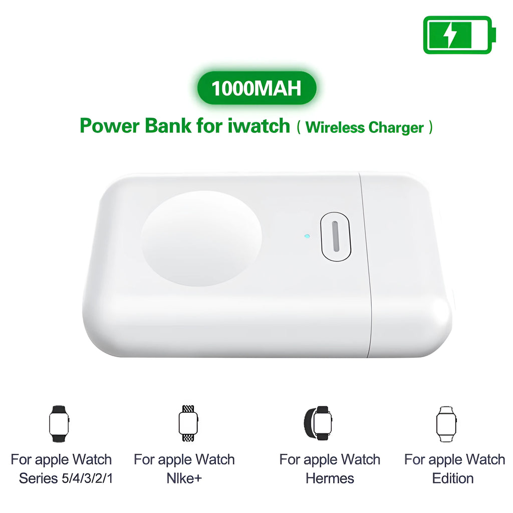 Small white magnetic wireless portable charger for Apple Watch showing size and Micro USB port