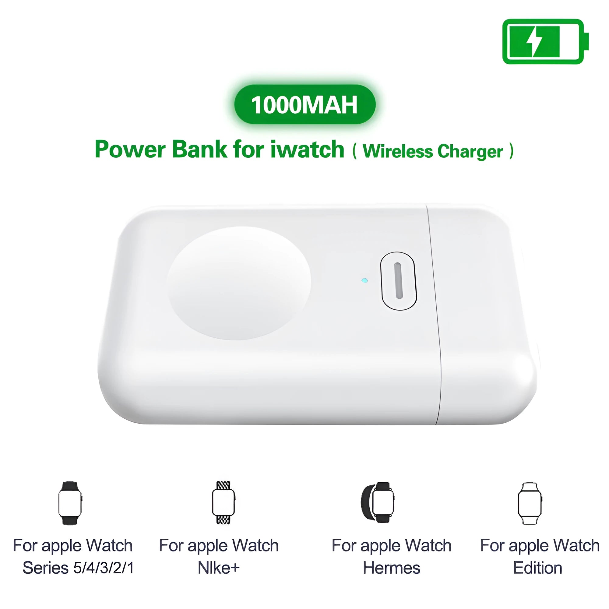 Small white magnetic wireless portable charger for Apple Watch showing size and Micro USB port