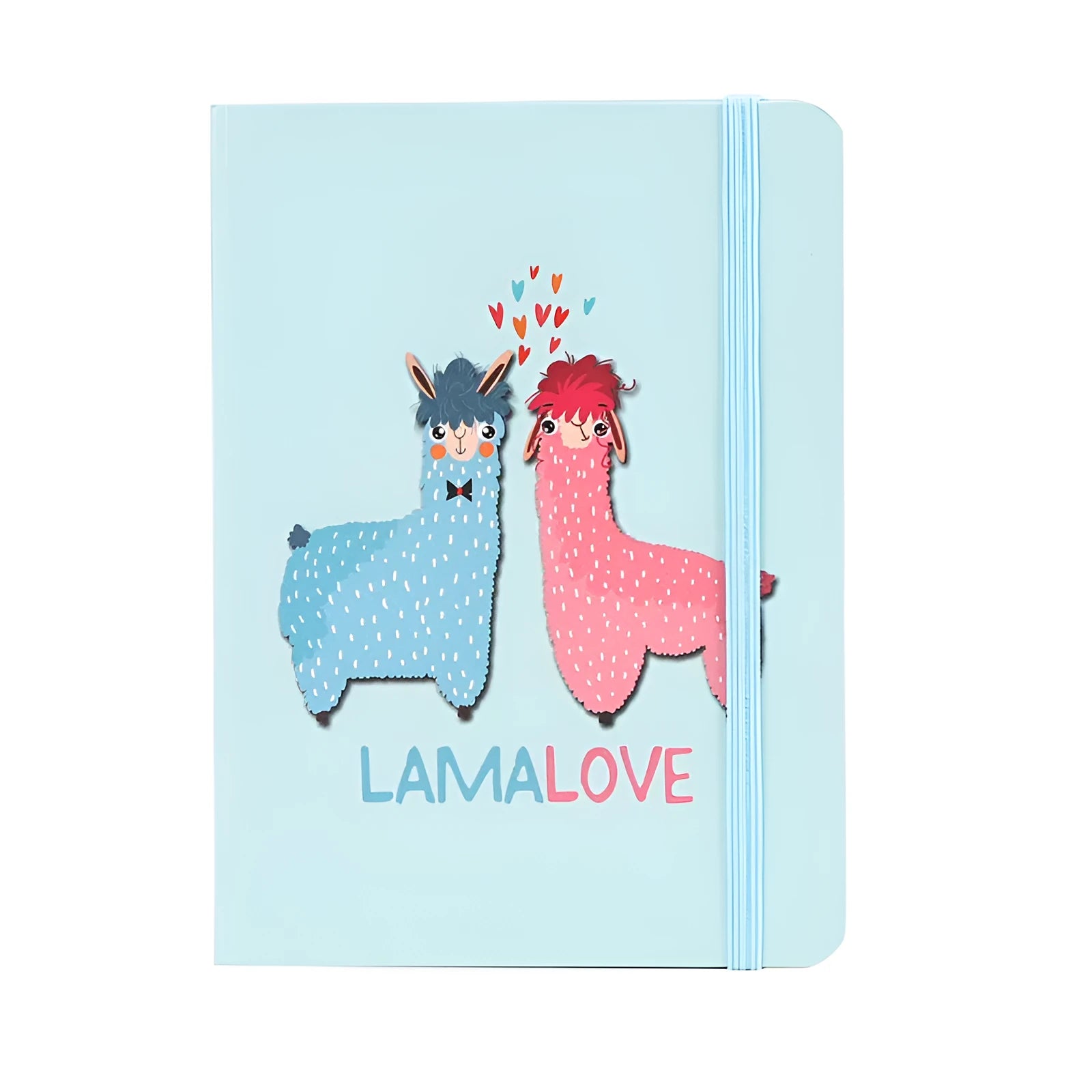 Alpaca cartoon design notepad open showing yellow paper, available in A5, A6, and A7 sizes.