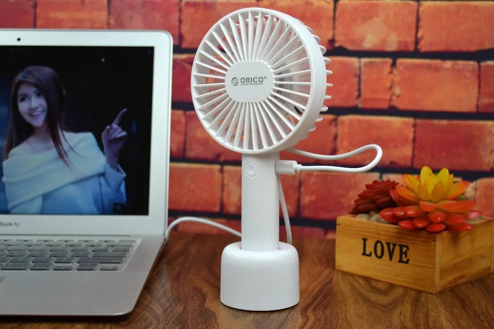 White USB rechargeable portable fan with three speed settings and 2000mAh battery