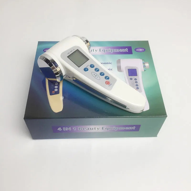White ultrasonic beauty instrument with two stainless steel heads and ABS handle, 165mm height, 195g weight