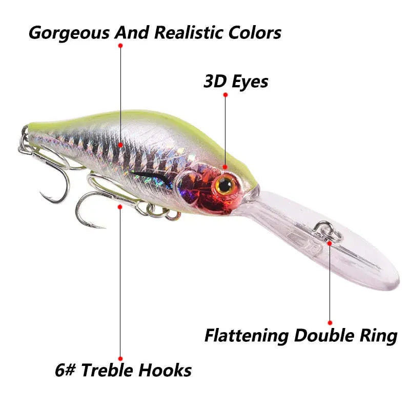 10.5cm long tongue board Mino fishing lure in colour option A, shown alongside other colour variants B through E.
