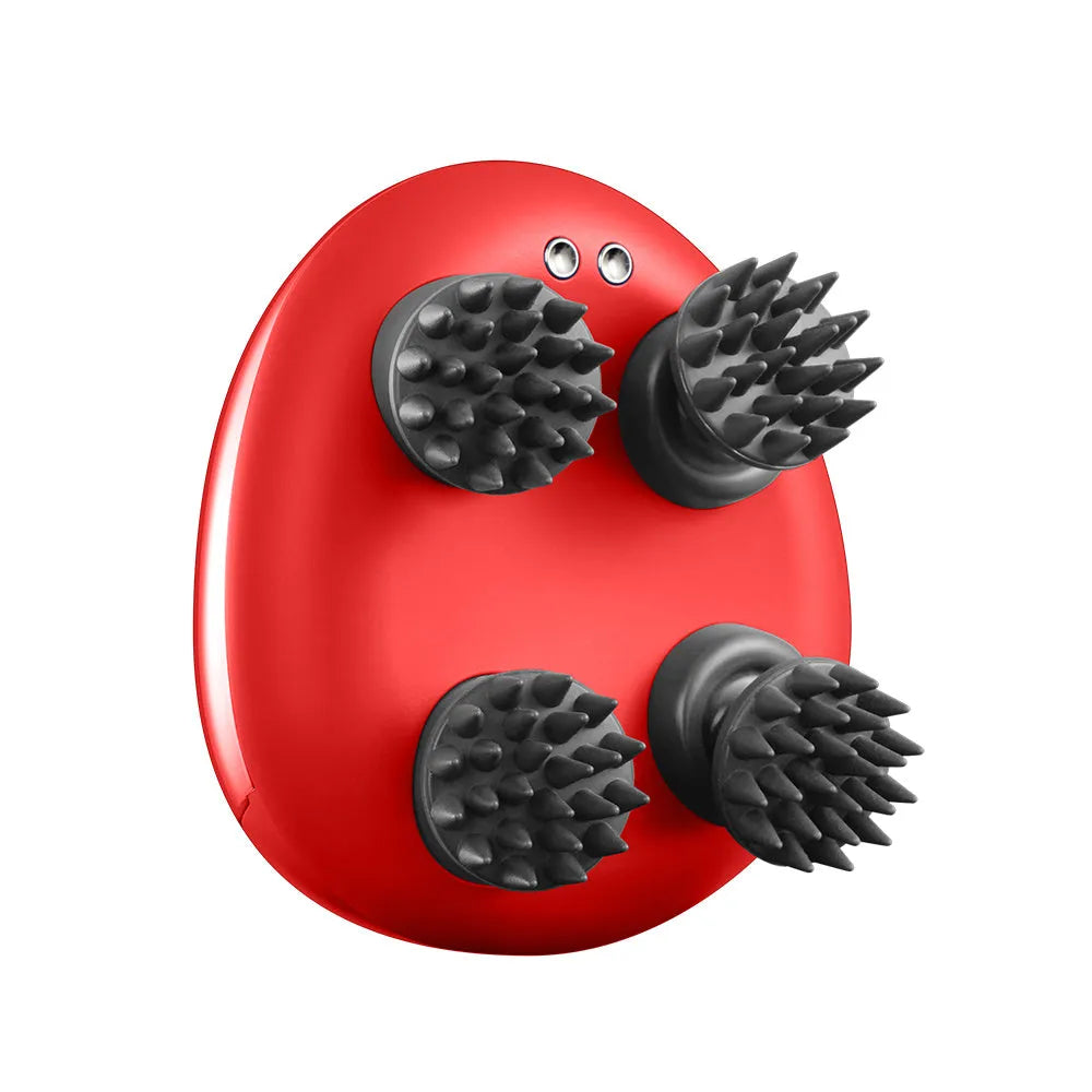 Red handheld electric scalp massager with silicone nodes, showing dimensions 110mm by 120mm.