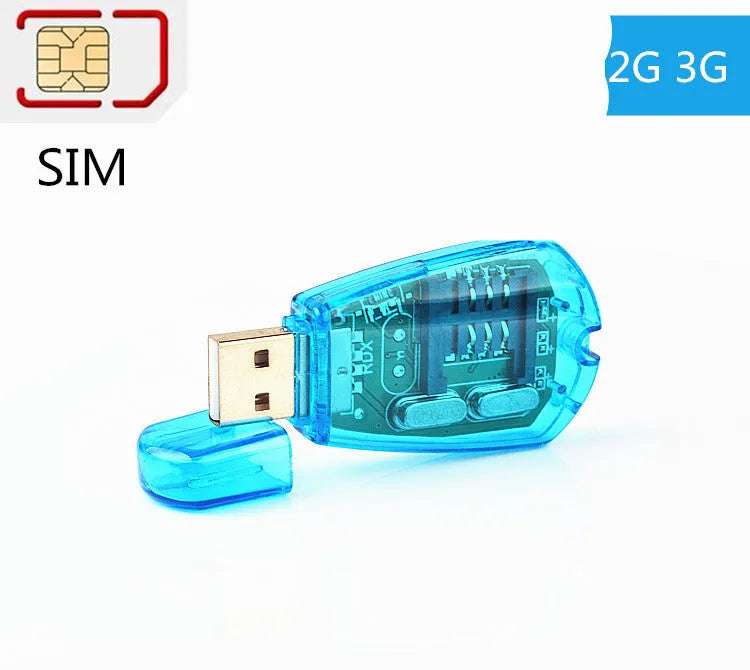 A blue external USB SIM card reader for mobile phones on a flat surface.