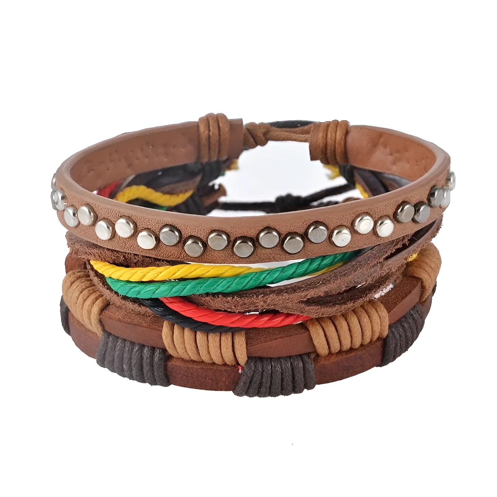 Hand-woven adjustable leather punk bracelet with wooden beads on wrist