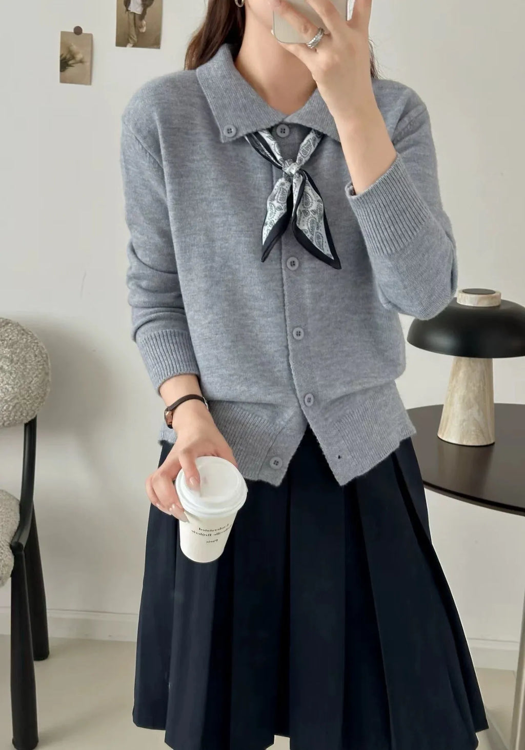 Lapel scarf cardigan sweater in acrylic fibre, shown in milky white colour.