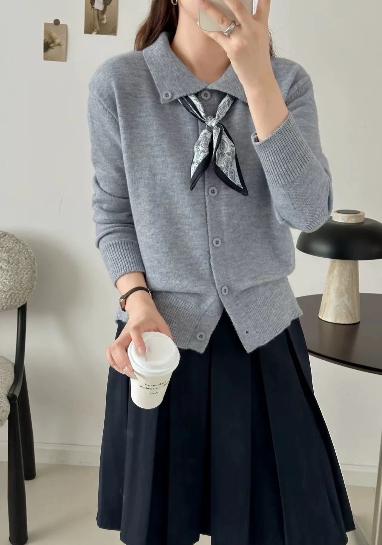 Lapel scarf cardigan sweater in acrylic fibre, shown in milky white colour.