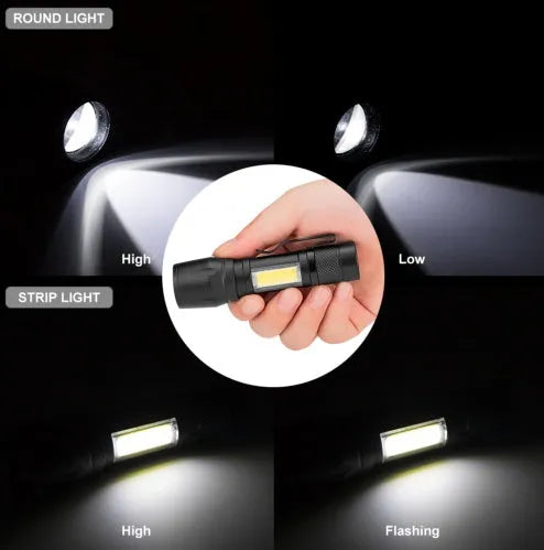 Black aluminium alloy mini telescopic LED flashlight with adjustable zoom focus and clip for daily carry