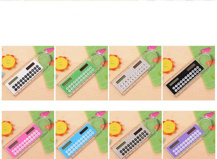 Ultra-thin transparent solar mini calculator with ruler and magnifier, 8-digit display, 12.7 cm long