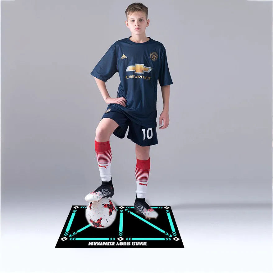 Black football training mat with grid markings measuring 60x90cm for non-slip skills practice