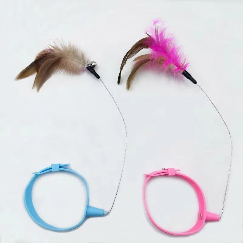 Adjustable cat collar toy with silicone teaser wand and feather charm attached