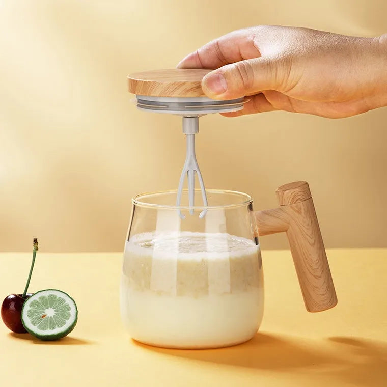 400ml self-stirring electric coffee mug with borosilicate glass and button mixing mechanism