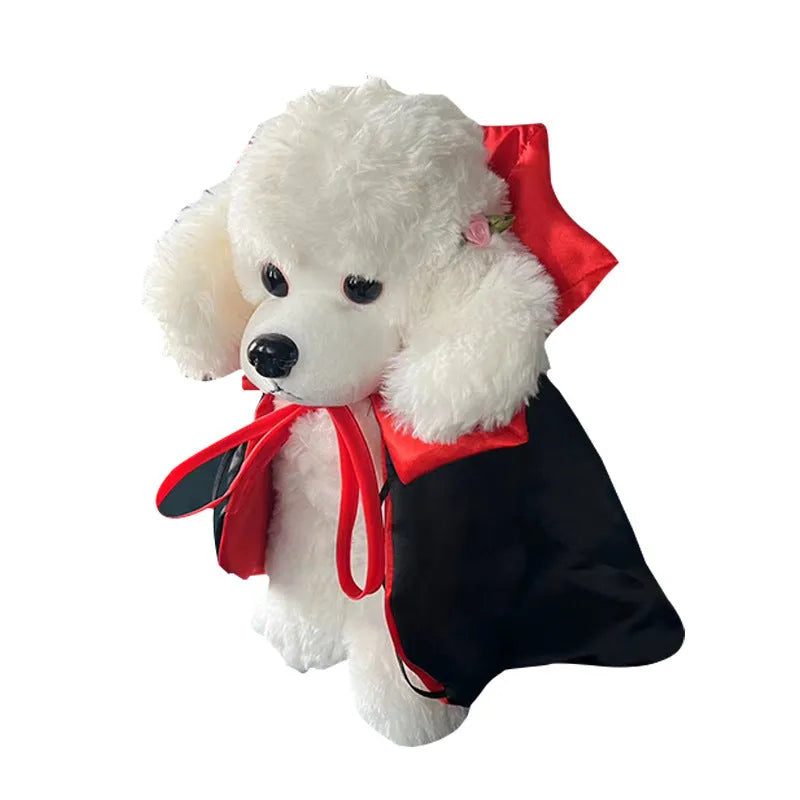 Halloween pet bat devil costume with red cloak and matching pointed hat for dogs or cats