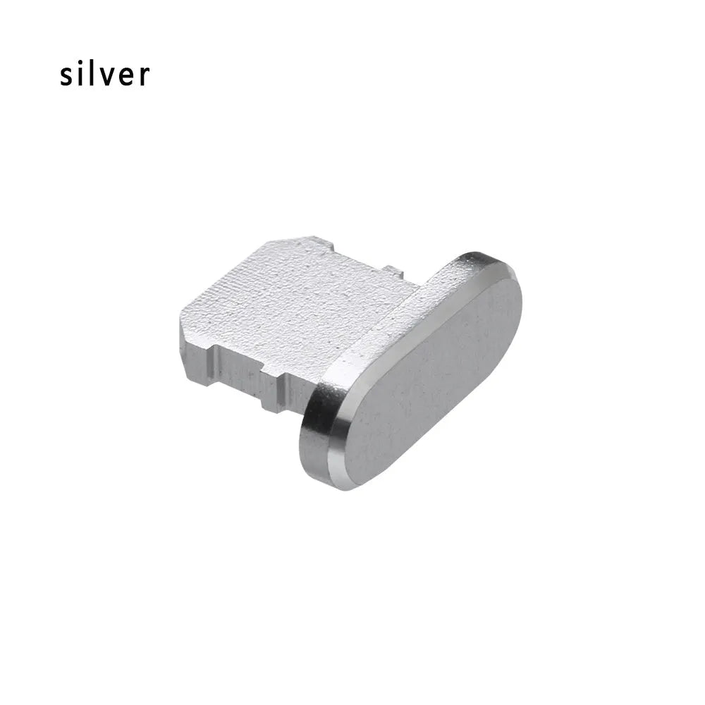 Aluminium alloy iPhone charging port dust plug in gold, silver, blue, red, grey, black, and rose gold colours.