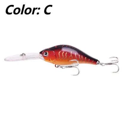 10.5cm long tongue board Mino fishing lure in colour option A, shown alongside other colour variants B through E.