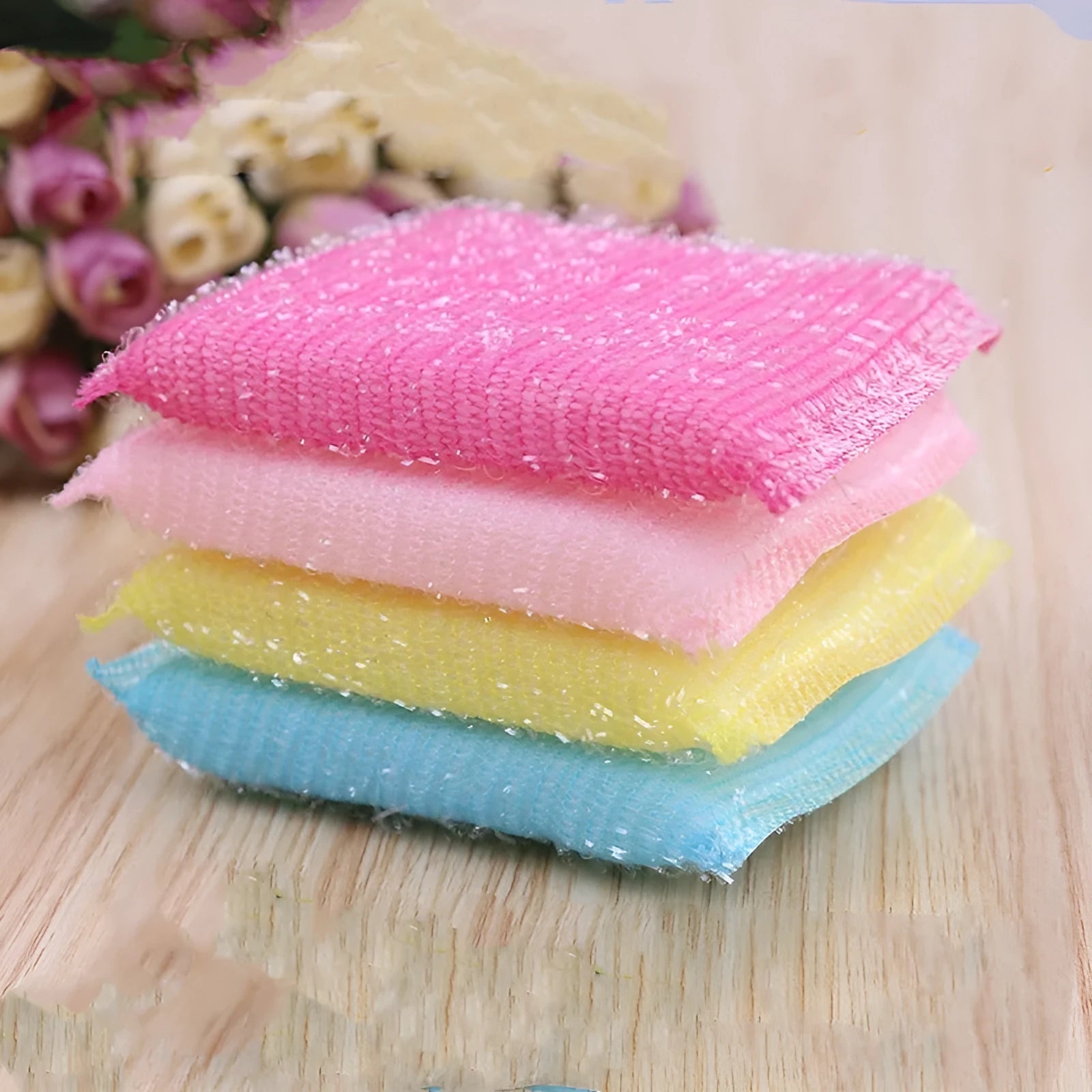 Pinstripe fabric dishwashing sponge mop in macaron mixed colours showing sponge and plastic construction