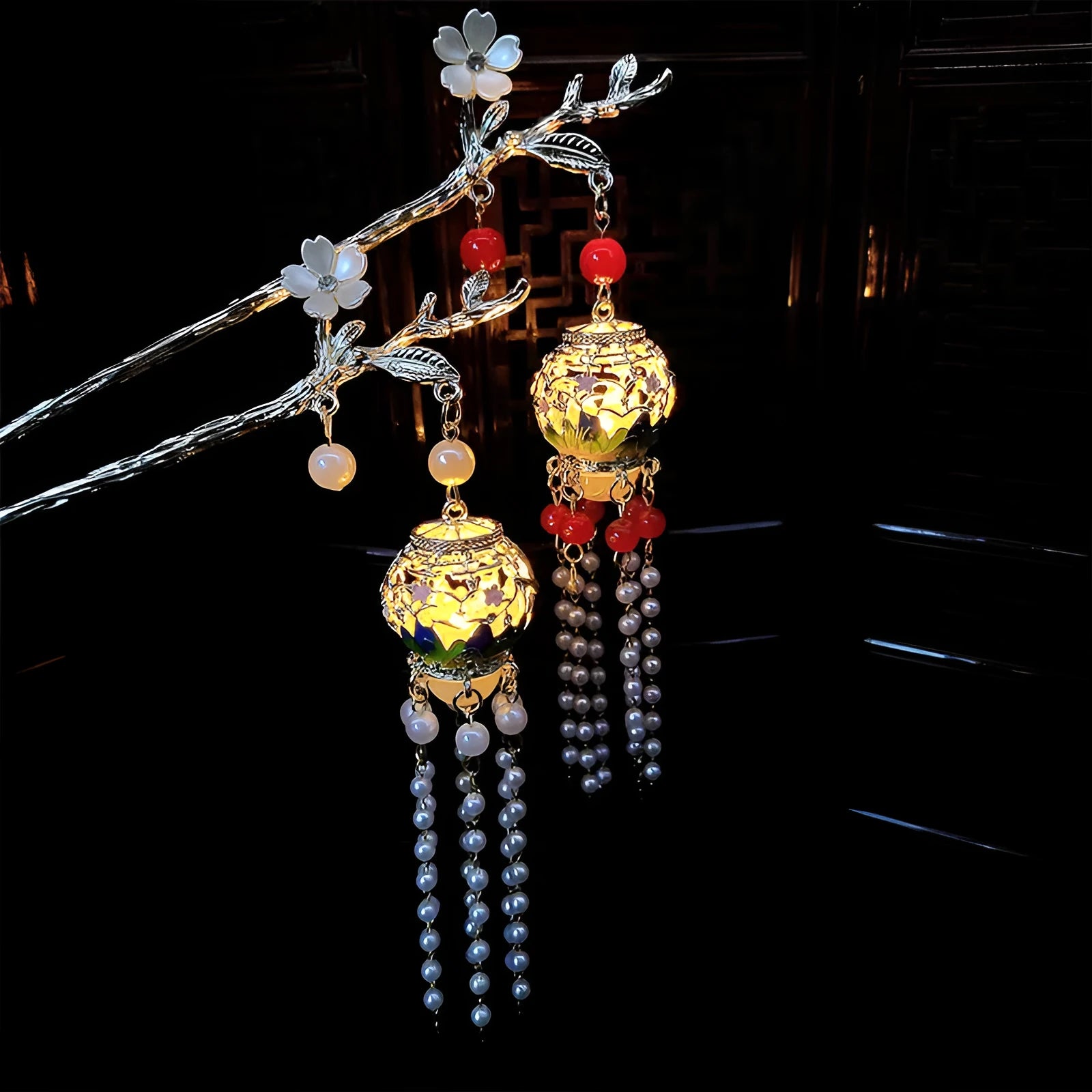 Retro alloy luminous hairpin with landscape lantern design in warm light colour