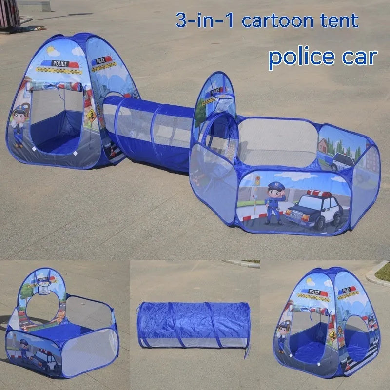 Three-in-one children's play tent with ball pool and tunnel in marine cartoon design