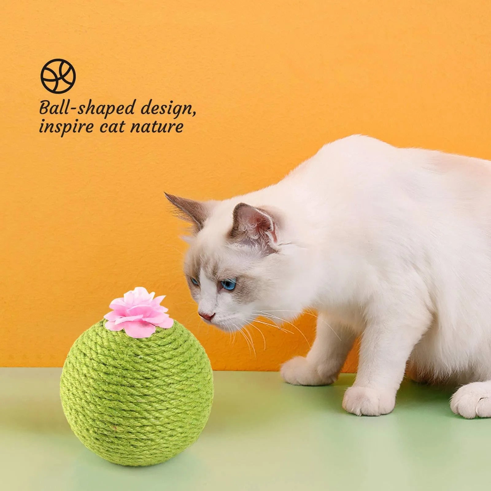 Green cactus-shaped cat toy with a sisal scratching post and a rocking tumbler ball on a weighted base.