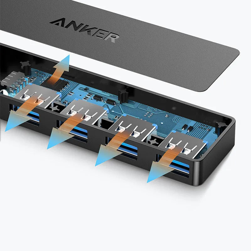 Black Anker 4-port USB 3.0 data hub with attached cable, showing four USB Type-A ports.