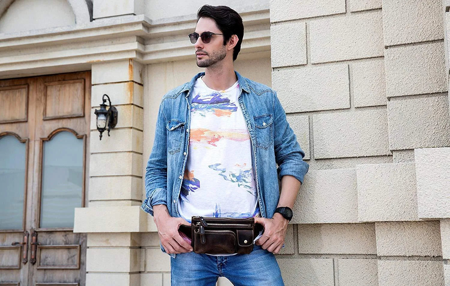 Men's first layer cowhide leather waist bag crossbody bag 24cm in dark brown with multiple zippered compartments