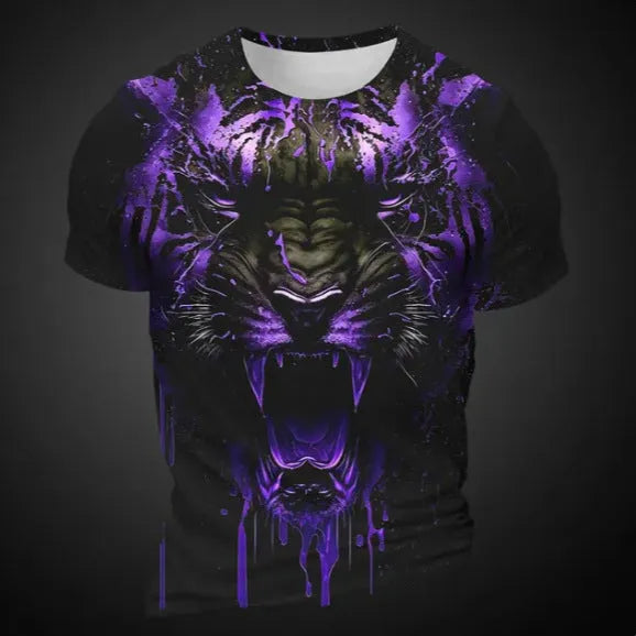 Close-up of a men's grey T-shirt featuring a detailed 3D digital print of a tiger's face on the chest.
