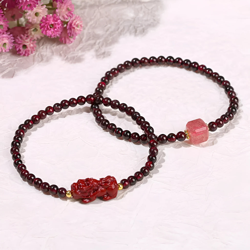 Natural garnet and strawberry quartz square bracelet with carved pixiu charms in purple and sand colours