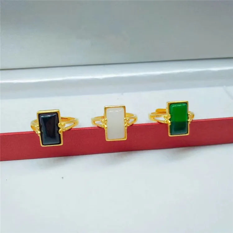 Brass gold-plated adjustable live ring with electroplated finish and artificial gemstone inlay options