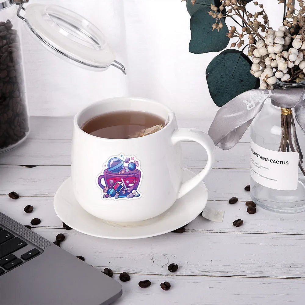 Pack of 50 colourful tea cup design waterproof graffiti stickers for DIY decoration