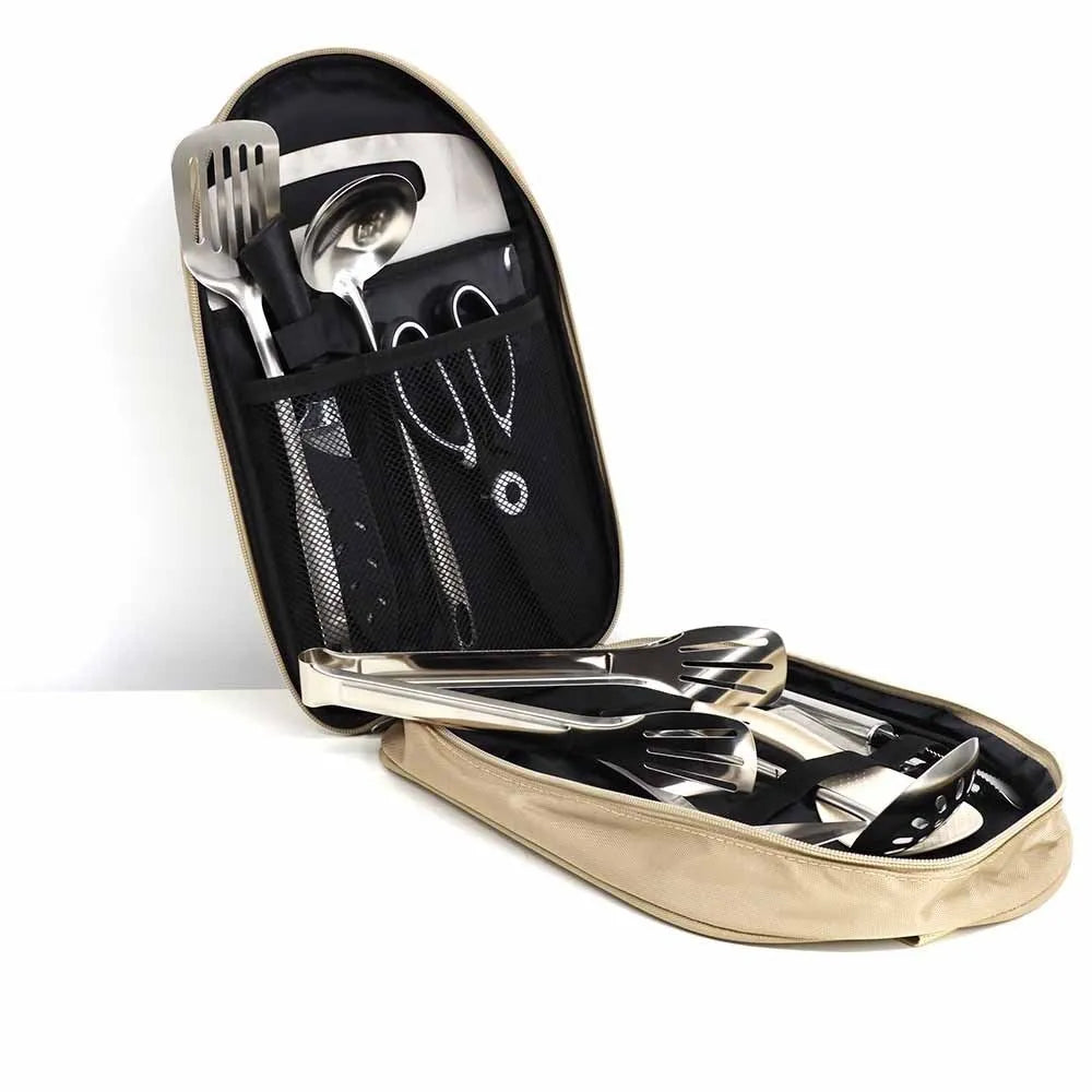 12-piece stainless steel picnic kitchenware set with khaki storage bag open to show utensils