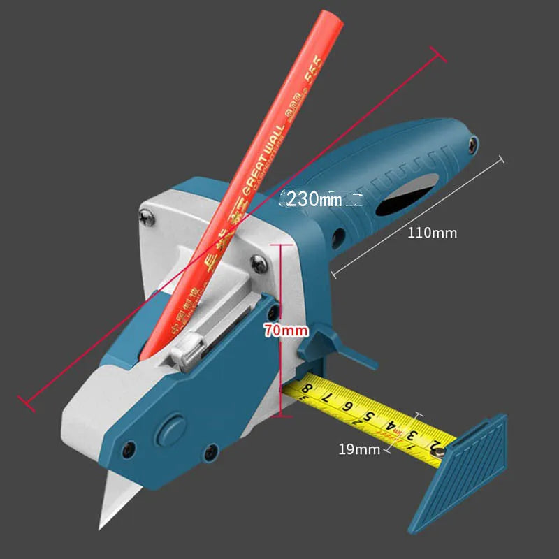 Blue multifunctional woodworking cutter with one-press lock for cutting gypsum, foam, cardboard, and KT board.